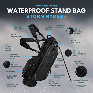 Sunday Golf Storm Ryder | Black Waterproof Full Size Stand Bag