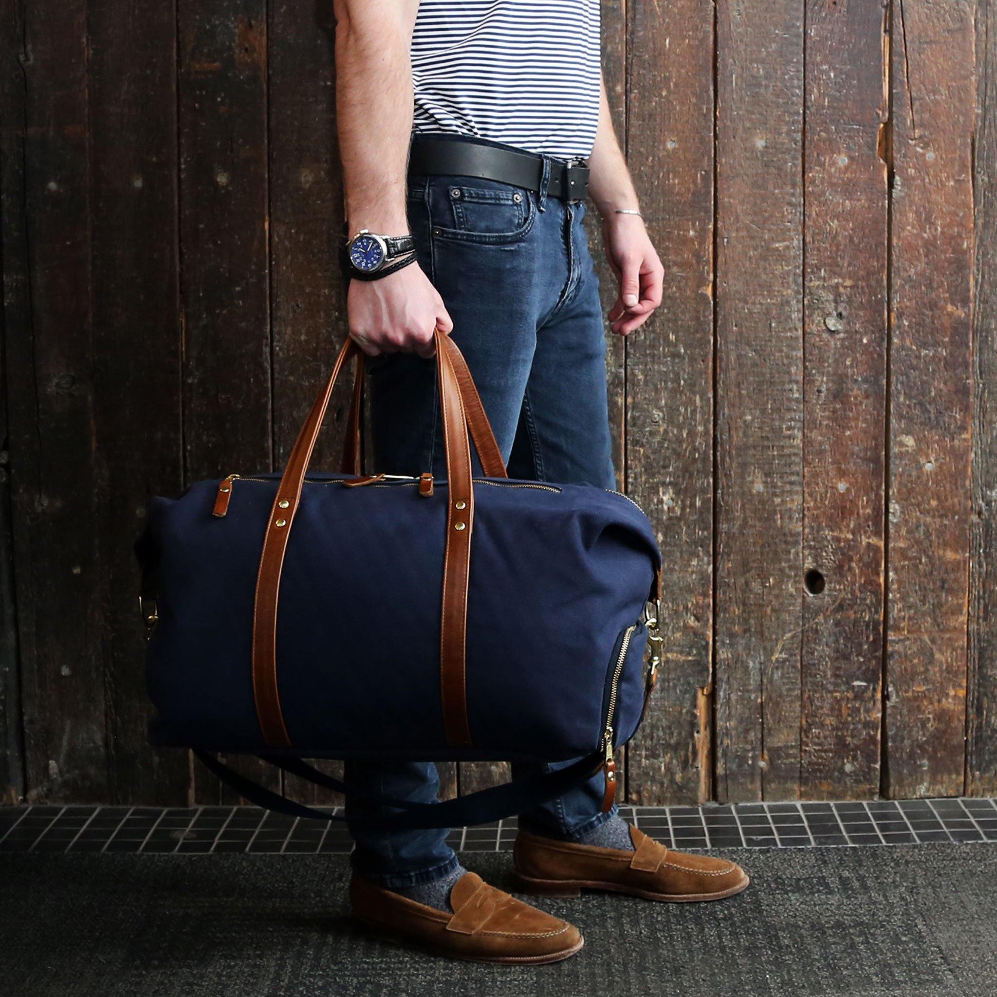 Hudson Sutler Large Canvas and Leather Duffel Bag- Midnight Navy/Whiskey Brown